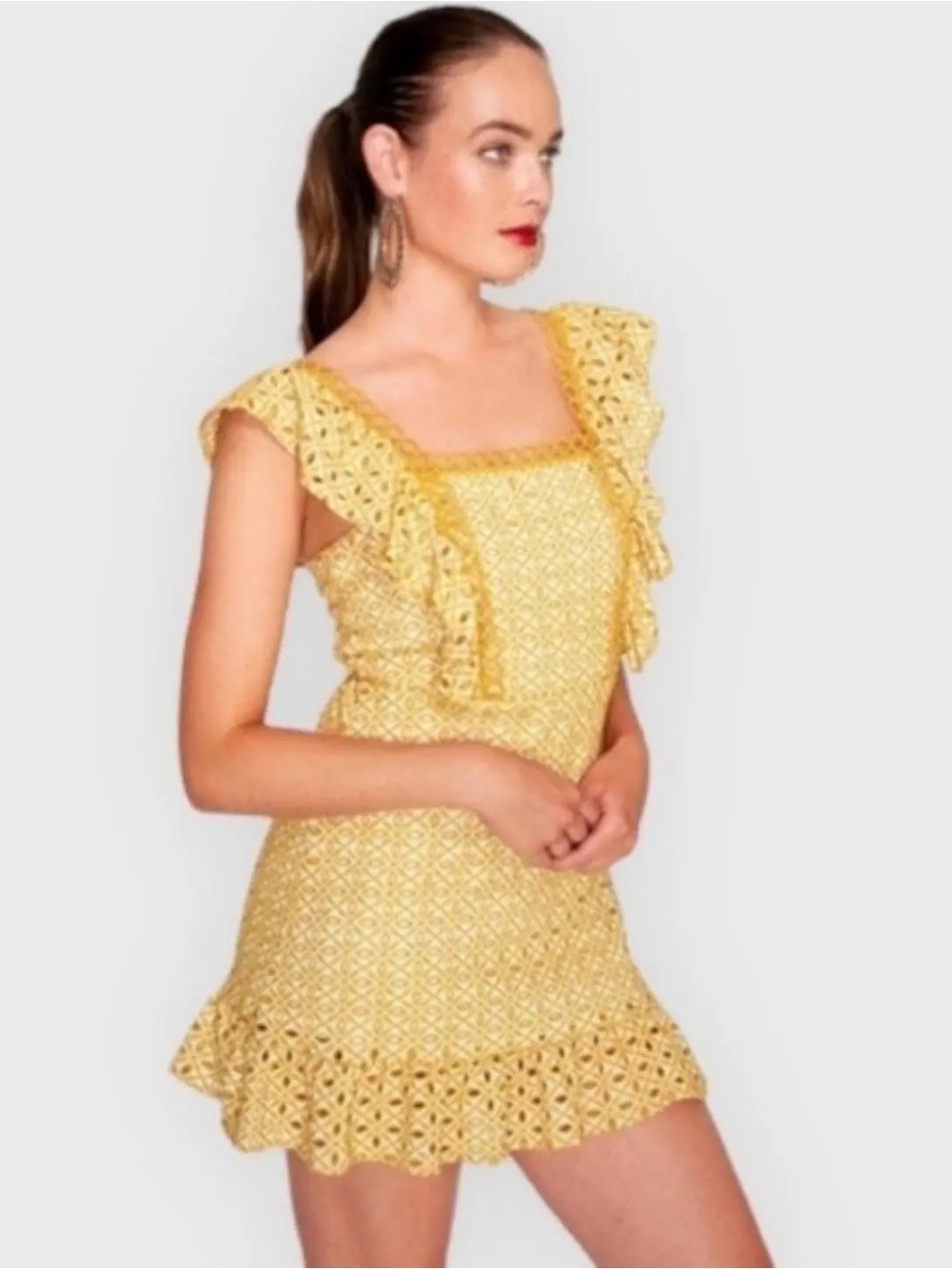 Topshop Womens Size 6 Eyelet Sun Dress Ruffle Sleeve Fitted Gold White Tie Back